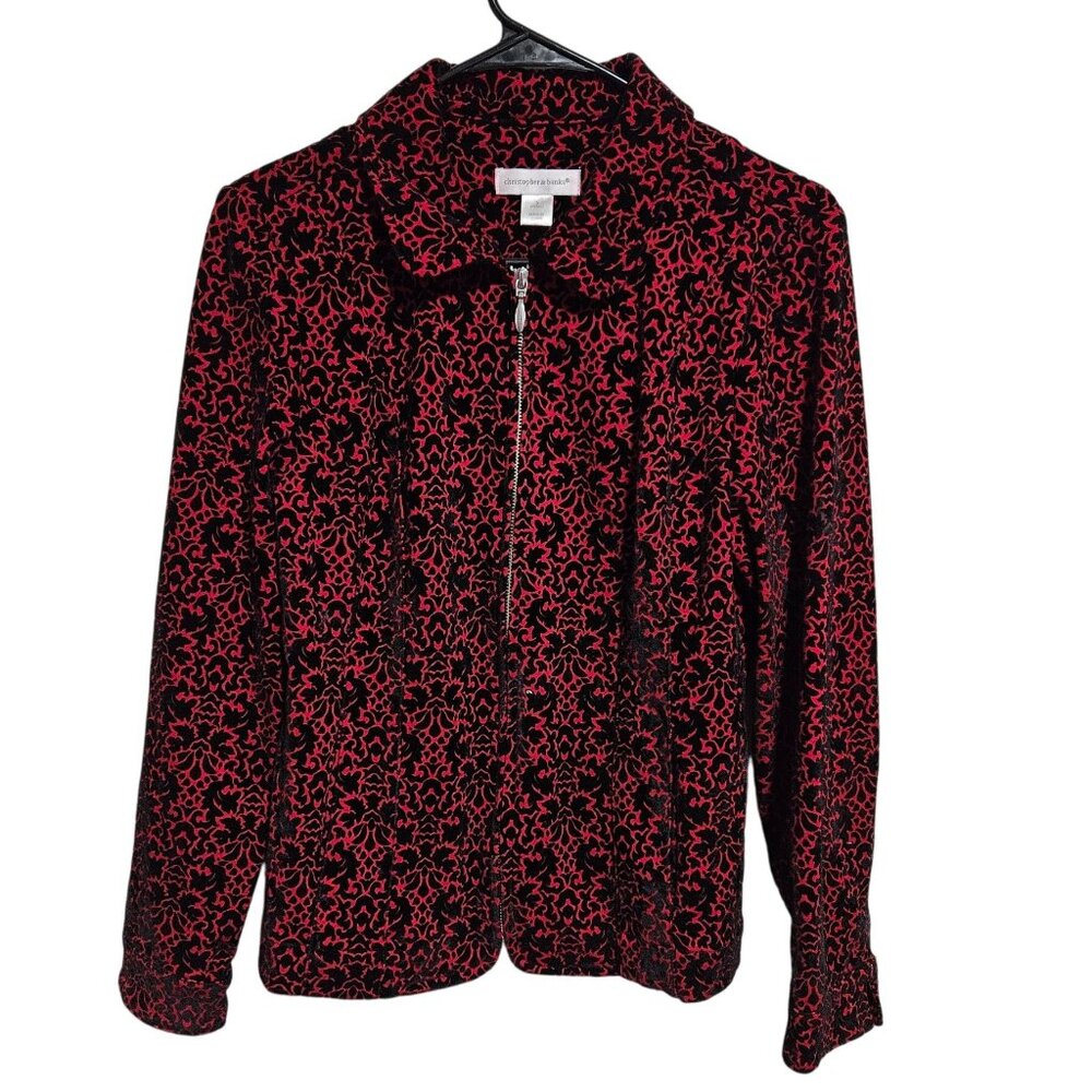 Christopher & Banks Red Black Velvet Floral Jacket Womens Size Small Full Zip